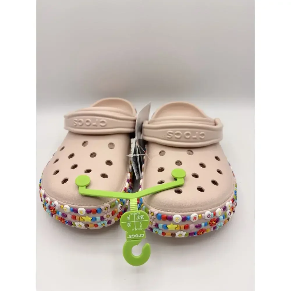 Crocs Kid’s Beaded Band Clog - Multicolor Beads Sandals Beige 211614 Sz J4 NWT